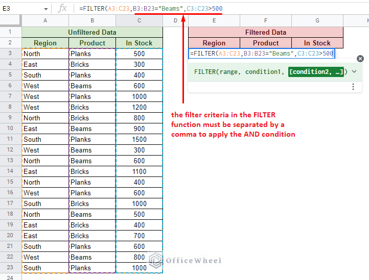 inputting the and conditions for the filter function in google sheets