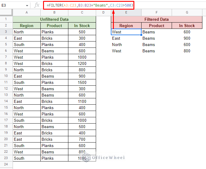 filter with the and condition in google sheets using the filter function