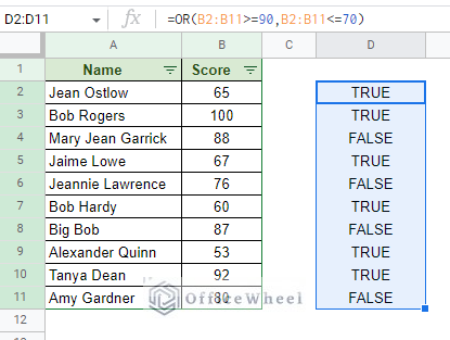 using a custom formula with or function to find the filter condition in google sheets