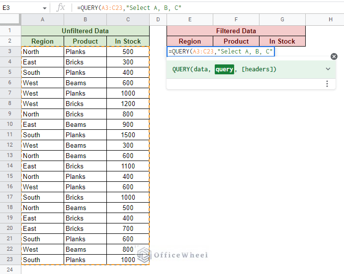 starting the query by selecting the columns that will be presented from the data range