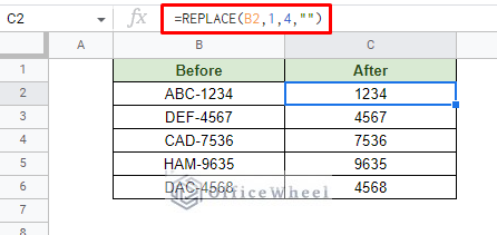 using the replace function to remove the first 4 characters of a string