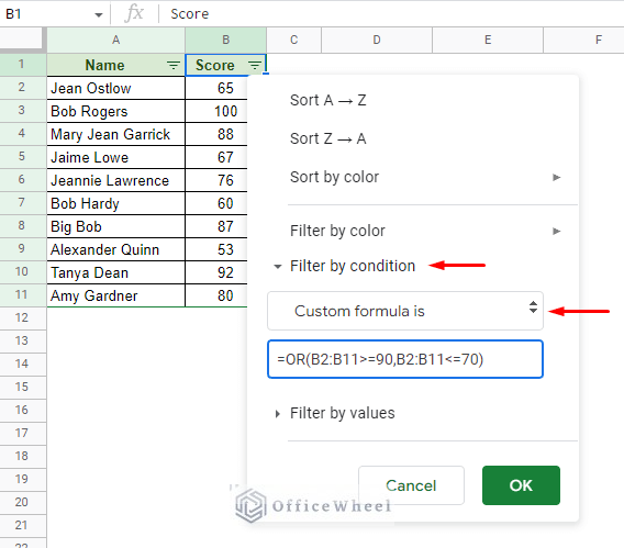 applying the custom formula in the filter menu