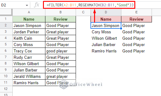 using regexmatch with filter function in google sheets