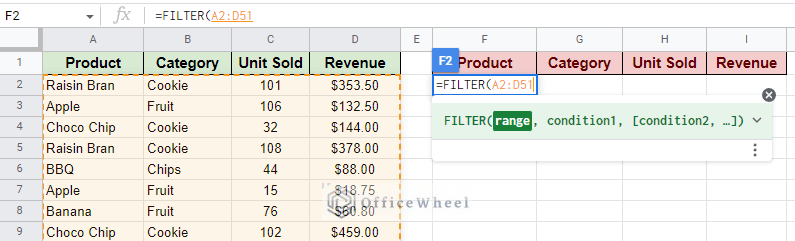 opening a filter function in google sheets