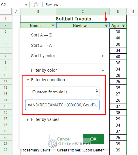the custom formula is section with the formula in the google sheets filter menu
