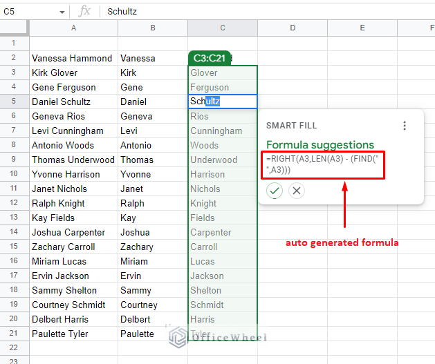 the automatic formula generated by smart fill in google sheets