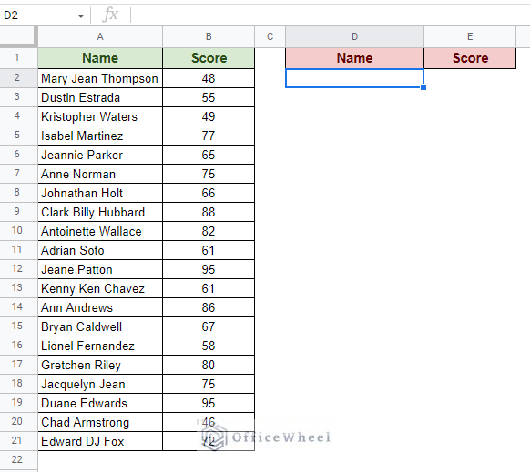 sample worksheet with student names and respective scores