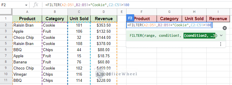the two criteria for the filter formula in google sheets and logic