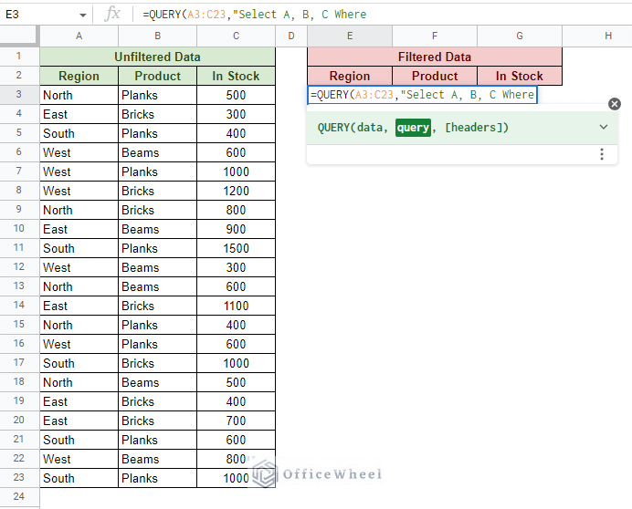 opening the query function with the data range and column numbers