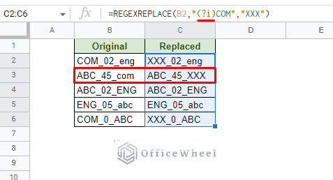 making the regexreplace function case-insensitive in google sheets