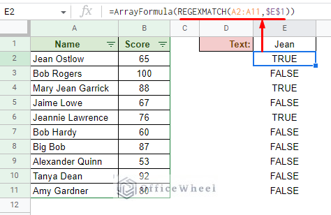 creating the regexmatch custom formula to filter by condition