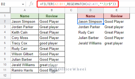 filter for multiple or condition using the regexmatch function google sheets
