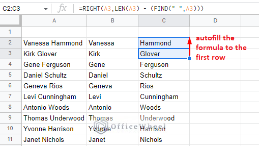 auto filling the first row using the fill handle in google sheets