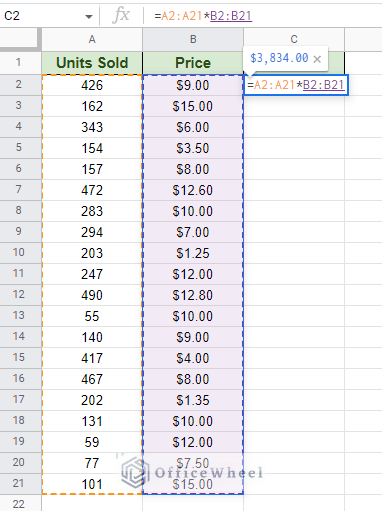 using the entire column as the data range for the formula