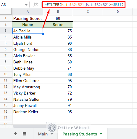 filter for cell value in a different worksheet in google sheets