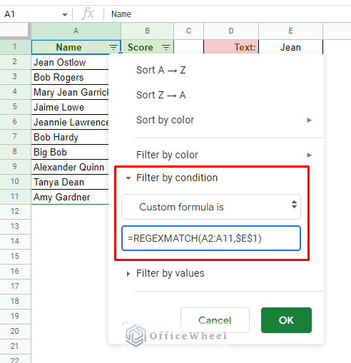 applying the custom formula in the filter menu of google sheets