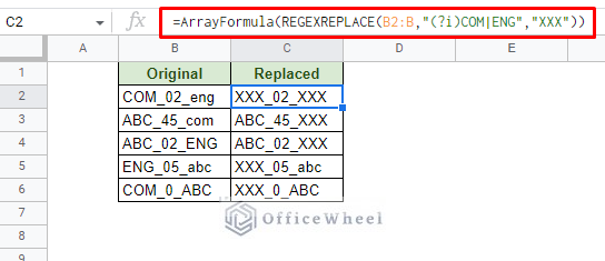 including the arrayformula function to regexreplace formula to make it more dynamic