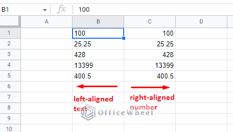 left aligned text can be converted to right aligned number in google sheets