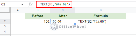 format number as text to get two decimal places in google sheets using text function