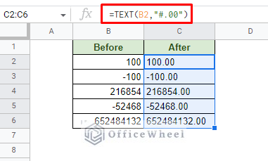 format number with formula to add decimal places in google sheets