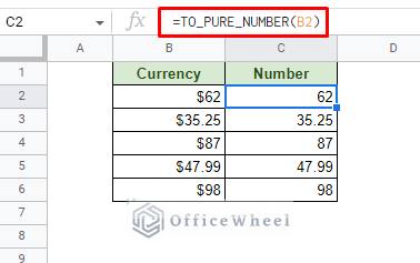 convert currency to pure number value in google sheets