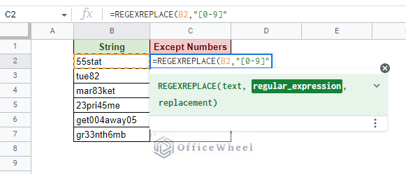 inputting the regular expression to remove numbers from a string in google sheets