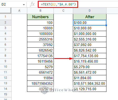 adding a currency symbol and decimal places to the text function