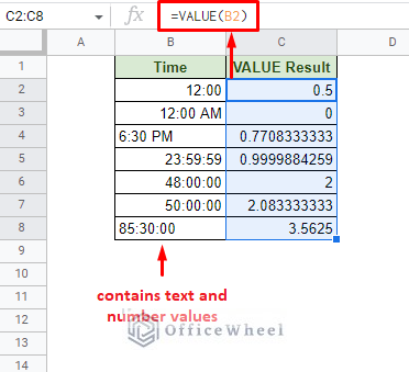 extracting the time value as a fraction of 24 hours using the value function in google sheets