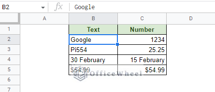 text and number value alignment in google sheets