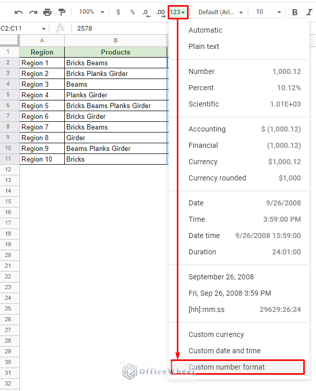 navigating to custom number format option from the format menu in google sheets