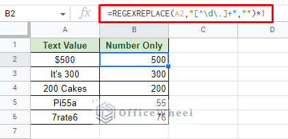 using regexreplace to extract number from text in google sheets