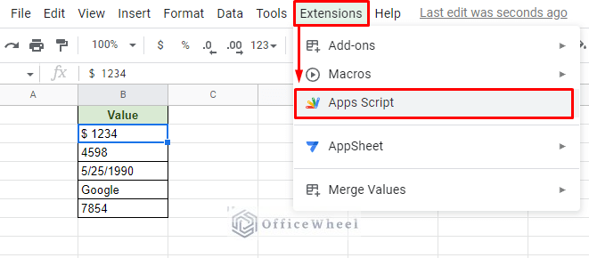 navigating to the apps script option from the extension tab in google sheets