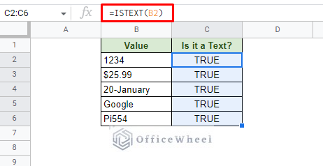 using the istext function check whether a values is a text or a number