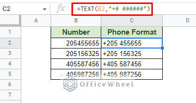 format number to a value phone number using the text function in google sheets