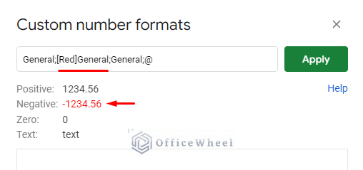 custom number format formula changing the color of the negative numbers to red