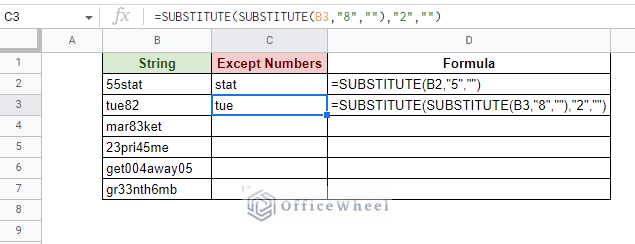 using the substitute function to remove numbers from a string