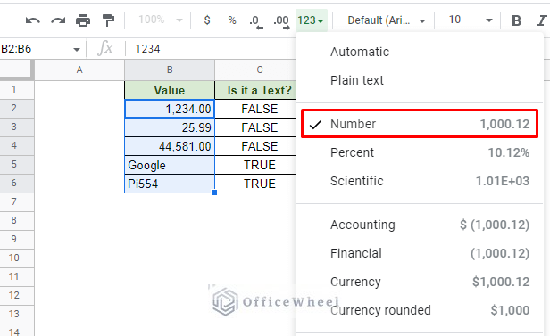 convert text to number using the format menu in google sheets