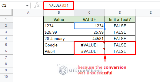 convert text to number in google sheets with the value function