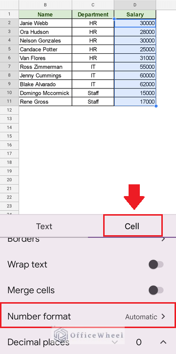 the number format option under the cell tab
