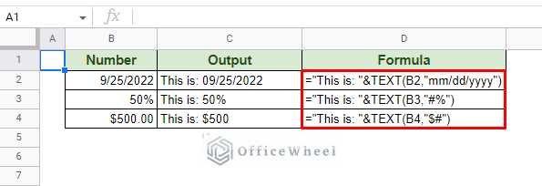 formatting different number values with text function and combining them with a string