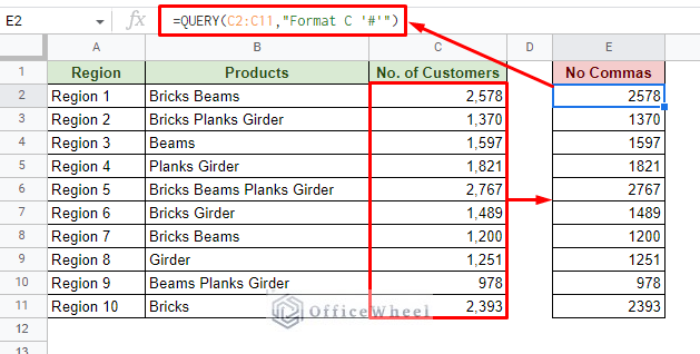 using the query function to remove comma from numbers in google sheets