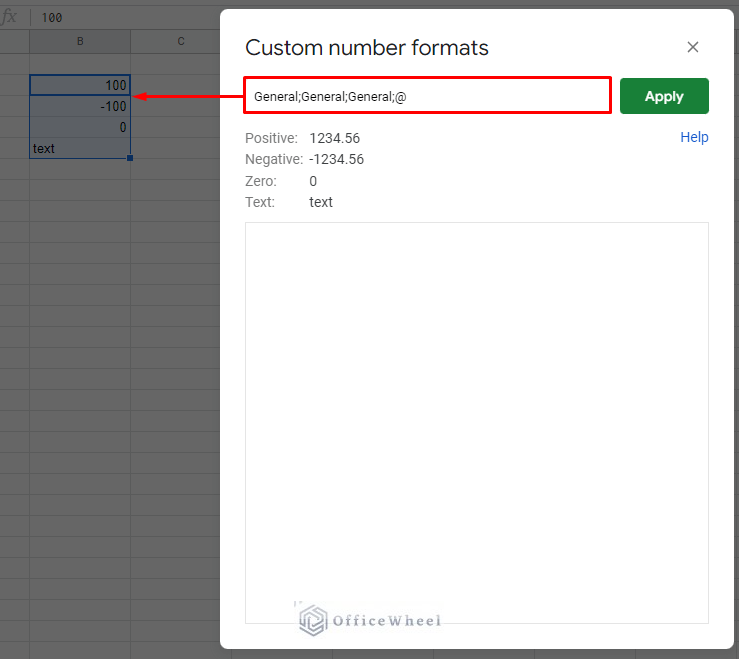 the 4 structure values of the custom number format feature of google sheets