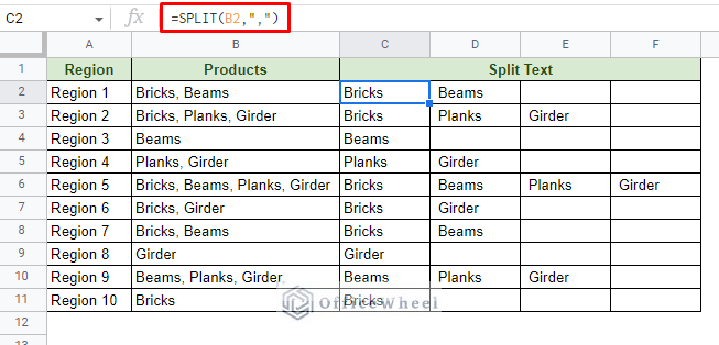 using split function to split strings with the comma delimiter