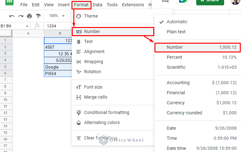 navigating to the number formatting option from the format tab in google sheets