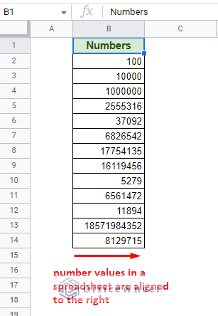 number values in google sheets are aligned to the right