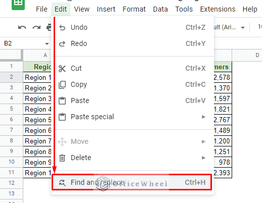 navigating to the find and replace option from the edit tab in google sheets