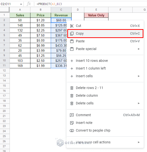 right click over the selected cells to find the copy option
