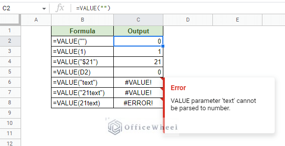 the number values extracted by the value function in google sheets