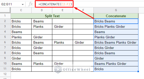 using the concatenate function to bring all the split values together