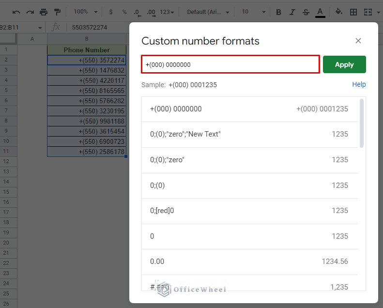 changing phone number format using custom number format option in google sheets